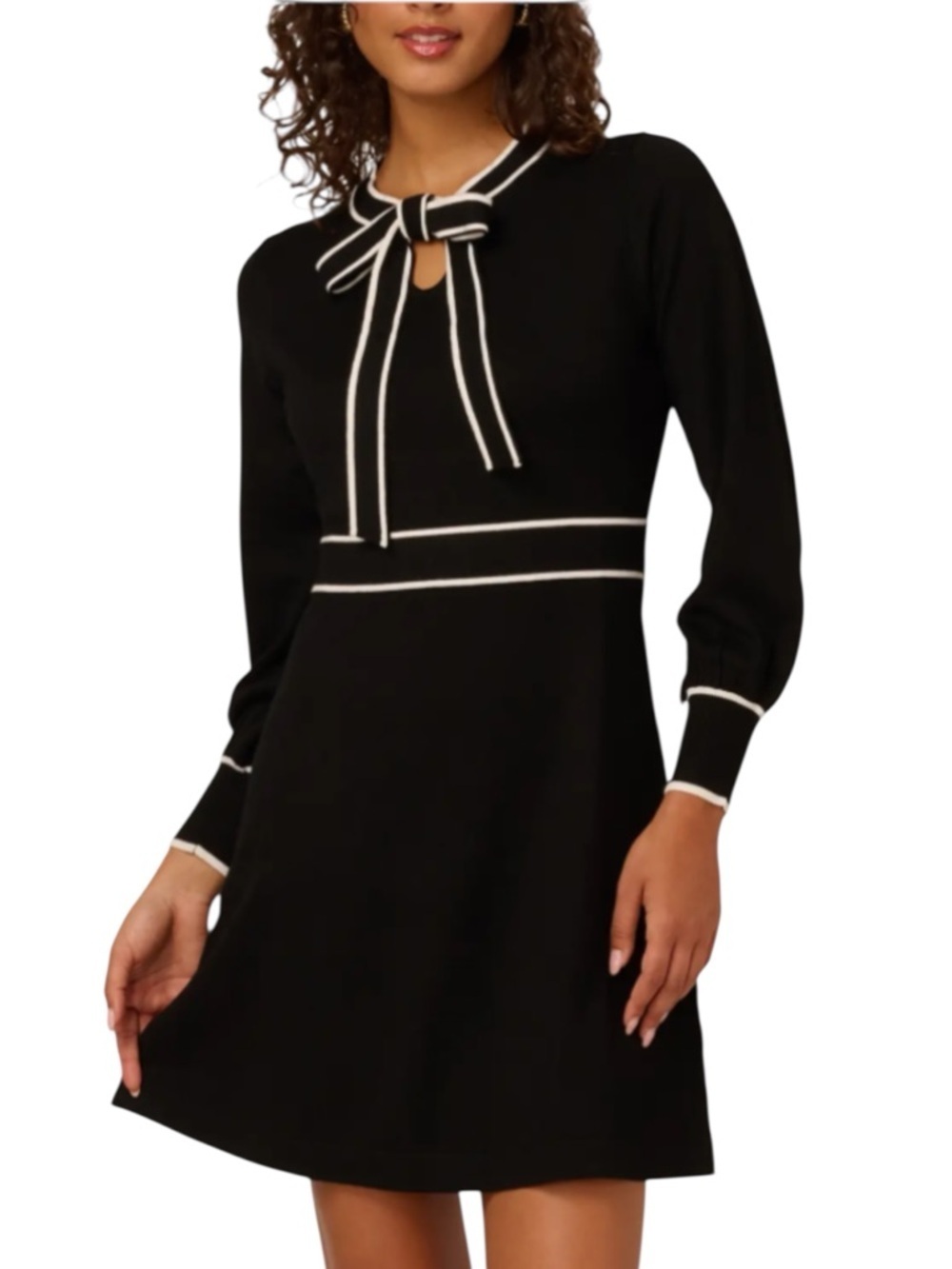NWT ADRIANNA PAPELL Black & White Long Sleeve Tie Neck Sweater Dress Size Medium